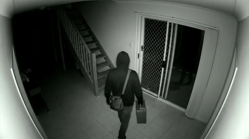 A hooded figure carrying a bag and a case across a tiled room toward a sliding door at night