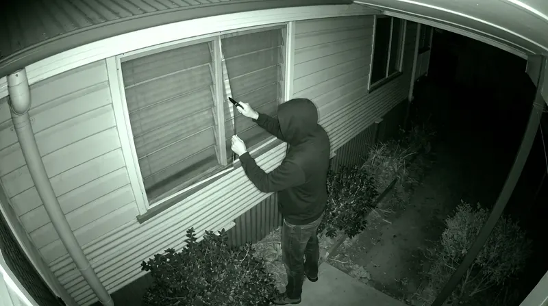 A hooded man cutting a slit down a flyscreen on a louvre window at night